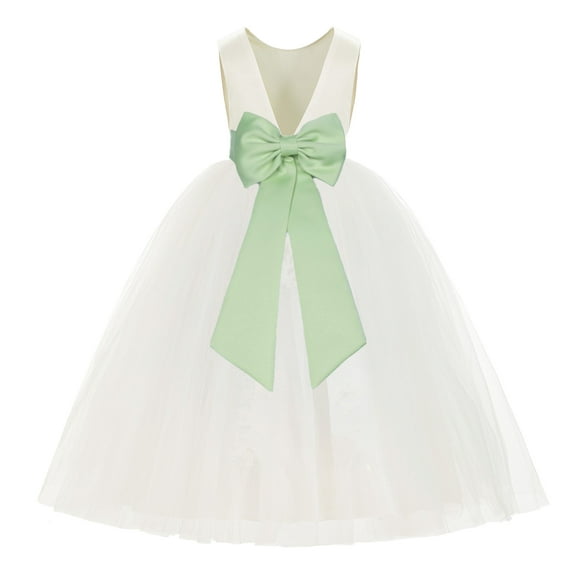 Ekidsbridal Girl Ballroom Flower Girl Dress - Backless Ivory Tulle with Tiebow (Size: M-14)