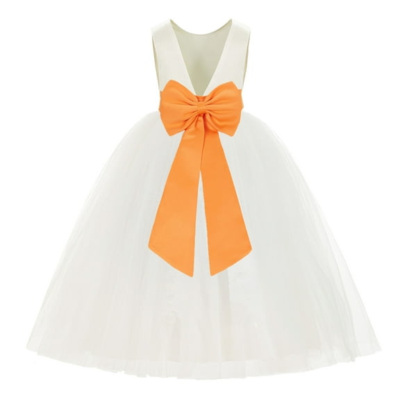 Ekidsbridal Girl Ballroom Flower Girl Dress - Backless Ivory Tulle with Tiebow (Size: M-14)