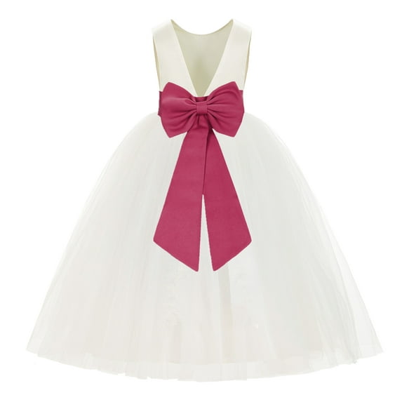 Ekidsbridal Girl Ballroom Flower Girl Dress - Backless Ivory Tulle with Tiebow (Size: M-14)