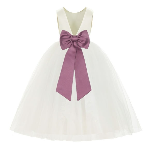Ekidsbridal Girl Ballroom Flower Girl Dress - Backless Ivory Tulle with Tiebow (Size: M-14)