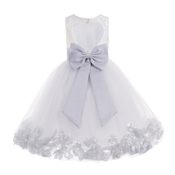 Ekidsbridal Girl Ballroom Flower Girl Dress - Lace Heart Cutout White Tulle with Petals 185T-A (Size: M-12)