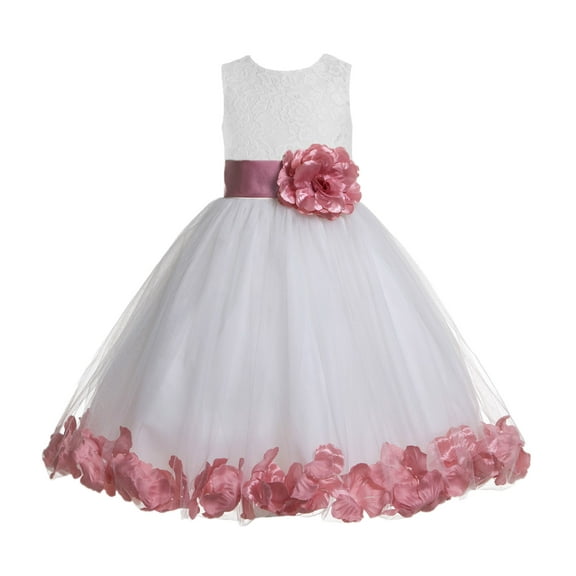 Ekidsbridal Girl Ballroom Flower Girl Dress - Lace Heart Cutout White Tulle with Petals 185T-A (Size: M-12)