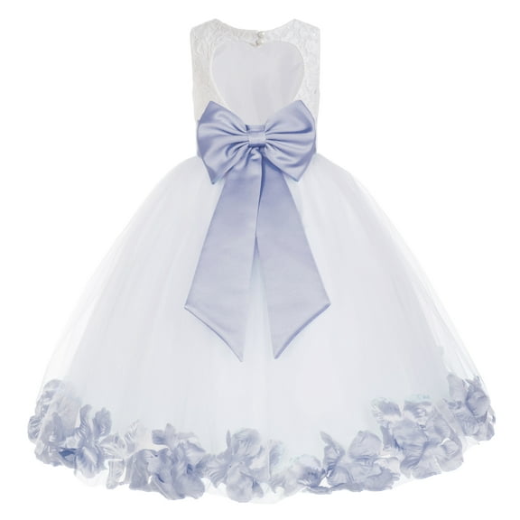 Ekidsbridal Girl Ballroom Flower Girl Dress - Lace Heart Cutout White Tulle with Petals 185T-A (Size: M-12)