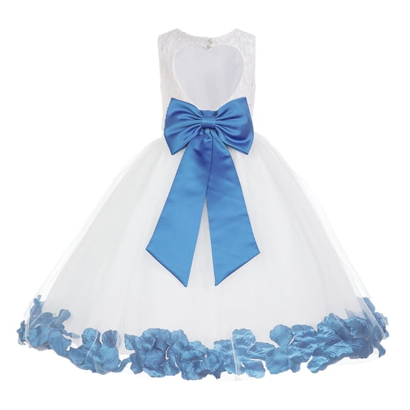 Ekidsbridal Girl Ballroom Flower Girl Dress - Lace Heart Cutout White Tulle with Petals 185T-A (Size: M-12)