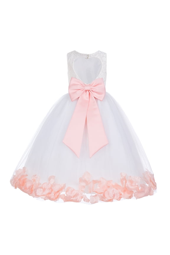 Girl Ballroom Flower Girl Dress - Lace Heart Cutout White Tulle with Petals 185T-A (Size: M-12)