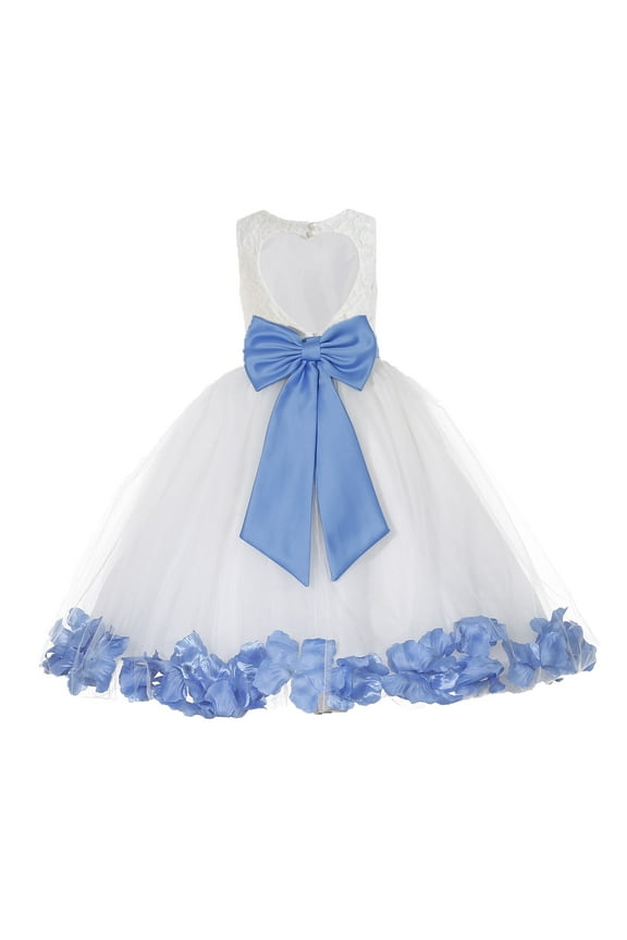 Girl Ballroom Flower Girl Dress - Lace Heart Cutout White Tulle with Petals 185T-A (Size: M-12)