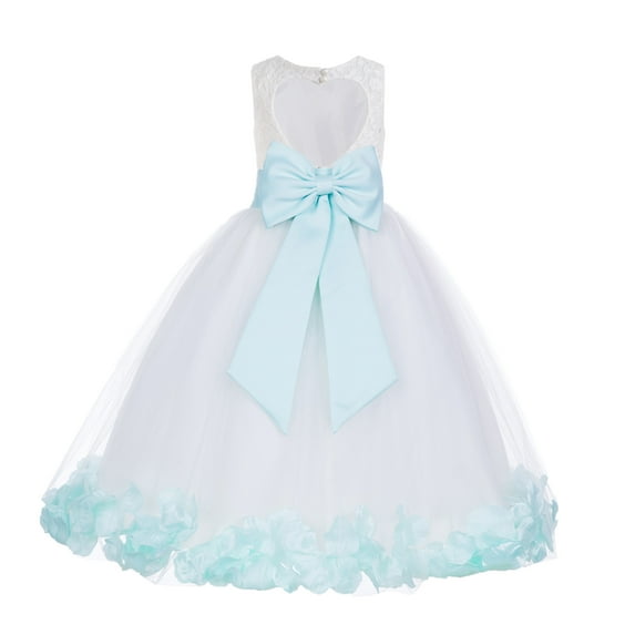 Ekidsbridal Girl Ballroom Flower Girl Dress - Lace Heart Cutout White Tulle with Petals 185T-A (Size: M-12)
