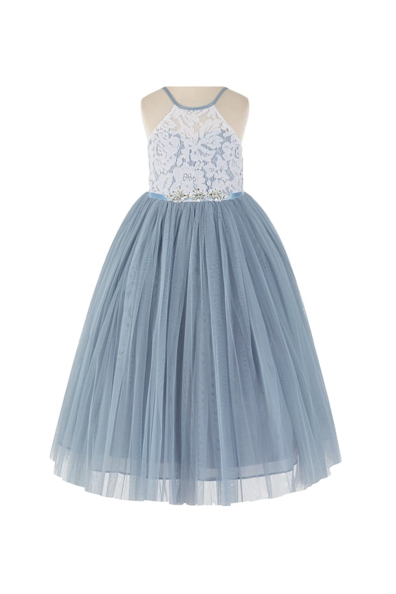 Girl Ballroom Flower Girl Dress - Open Back Lace Halter with Rhinestone Sash 213R4-A (Size: 2-10)