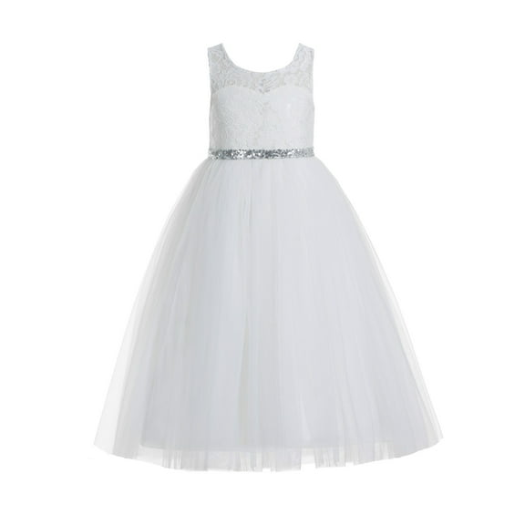 Ekidsbridal Girl Baptism Flower Girl Dress - Ivory Lace A-Line Keyhole Back Tulle with Sequin Sash 178mh-A (Size: 2-12)