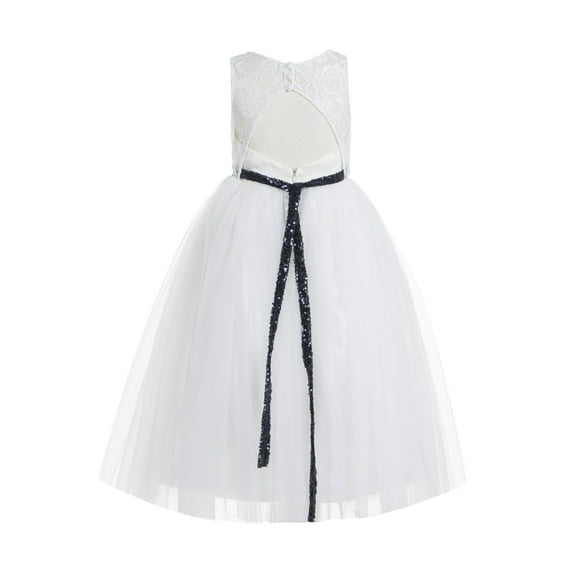 Ekidsbridal Girl Baptism Flower Girl Dress - Ivory Lace A-Line Keyhole Back Tulle with Sequin Sash 178mh-A (Size: 2-12)
