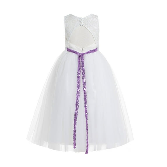 Ekidsbridal Girl Baptism Flower Girl Dress - Ivory Lace A-Line Keyhole Back Tulle with Sequin Sash 178mh-A (Size: 2-12)