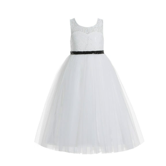 Ekidsbridal Girl Baptism Flower Girl Dress - Ivory Lace A-Line Keyhole Back Tulle with Sequin Sash 178mh-A (Size: 2-12)