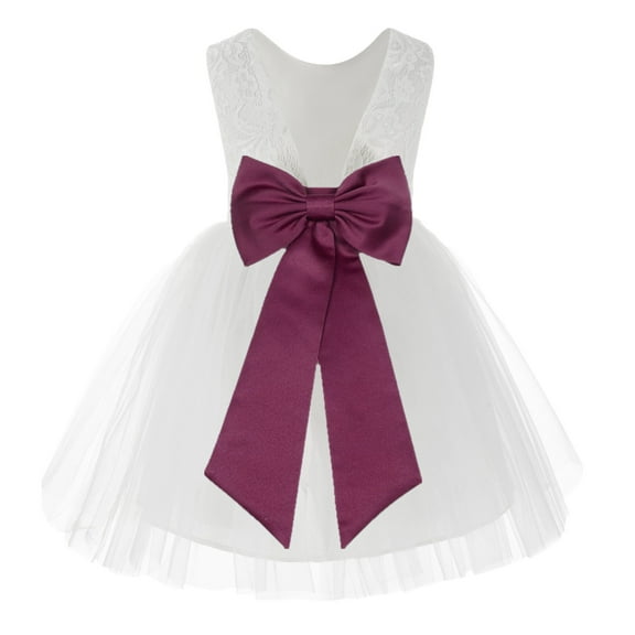 Ekidsbridal Girl Baptism Flower Girl Dress - Knee Length White Lace V-Back Dress with Tiebow 206T-A (Size: S-10)