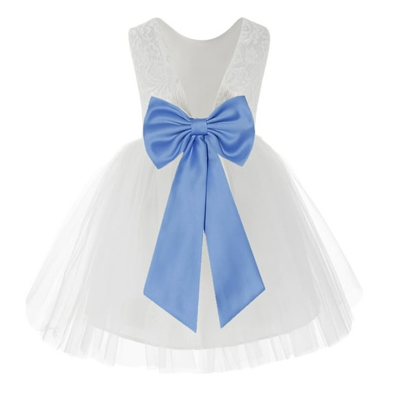 Ekidsbridal Girl Baptism Flower Girl Dress - Knee Length White Lace V-Back Dress with Tiebow 206T-A (Size: S-10)