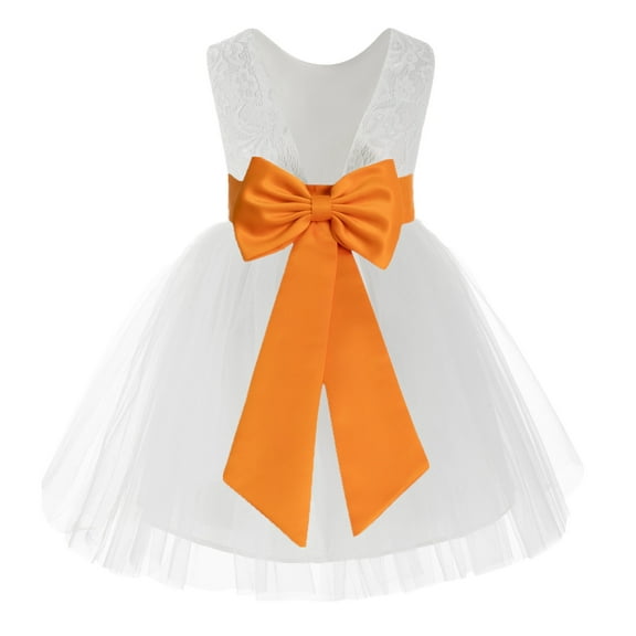 Ekidsbridal Girl Baptism Flower Girl Dress - Knee Length White Lace V-Back Dress with Tiebow 206T-A (Size: S-10)