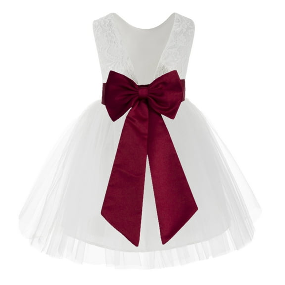 Ekidsbridal Girl Baptism Flower Girl Dress - Knee Length White Lace V-Back Dress with Tiebow 206T-A (Size: S-10)