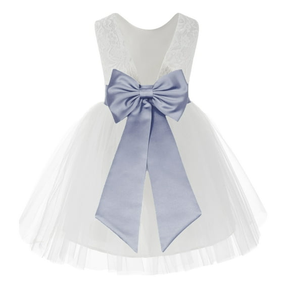 Ekidsbridal Girl Baptism Flower Girl Dress - Knee Length White Lace V-Back Dress with Tiebow 206T-A (Size: S-10)