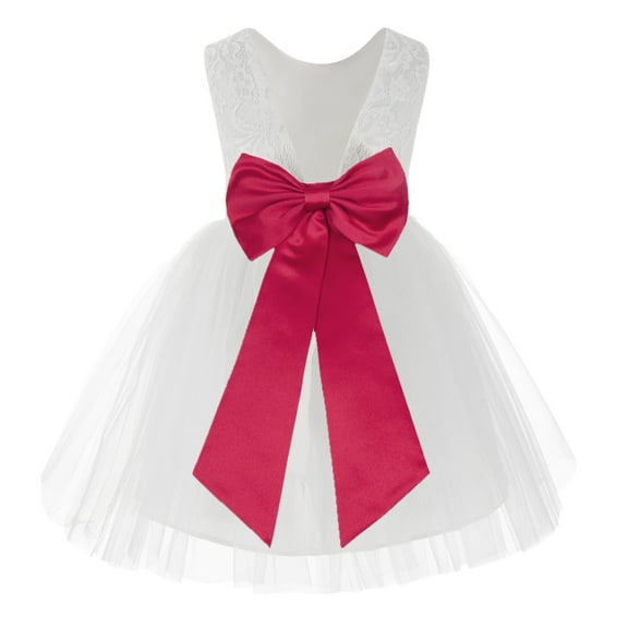 Ekidsbridal Girl Baptism Flower Girl Dress - Knee Length White Lace V-Back Dress with Tiebow 206T-A (Size: S-10)