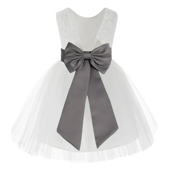 Ekidsbridal Girl Baptism Flower Girl Dress - Knee Length White Lace V-Back Dress with Tiebow 206T-A (Size: S-10)