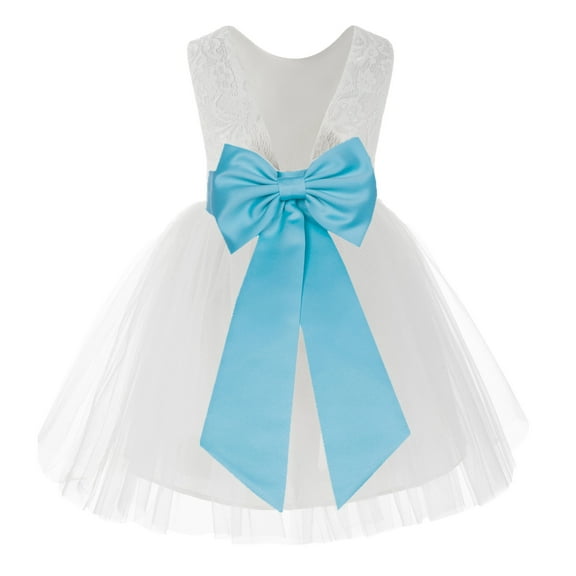 Ekidsbridal Girl Baptism Flower Girl Dress - Knee Length White Lace V-Back Dress with Tiebow 206T-A (Size: S-10)