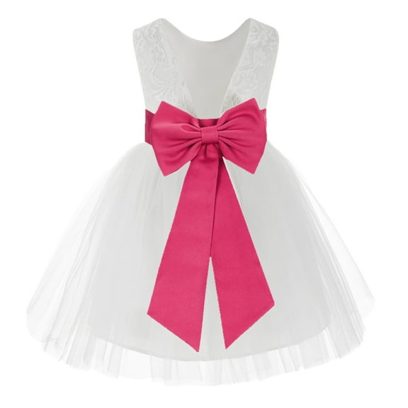 Ekidsbridal Girl Baptism Flower Girl Dress - Knee Length White Lace V-Back Dress with Tiebow 206T-A (Size: S-10)