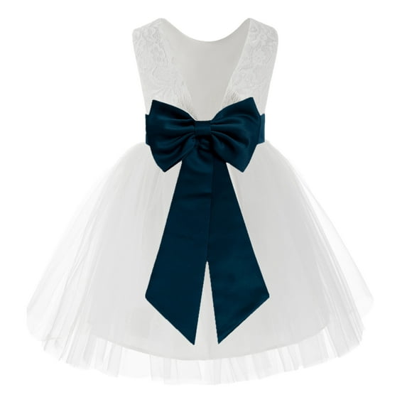 Ekidsbridal Girl Baptism Flower Girl Dress - Knee Length White Lace V-Back Dress with Tiebow 206T-A (Size: S-10)