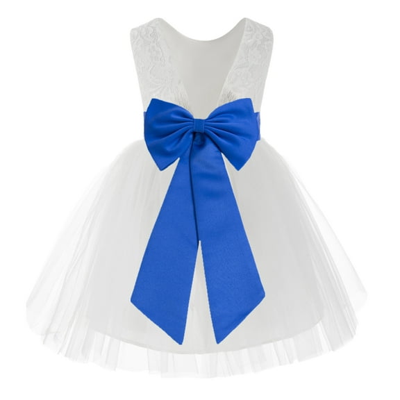 Ekidsbridal Girl Baptism Flower Girl Dress - Knee Length White Lace V-Back Dress with Tiebow 206T-A (Size: S-10)
