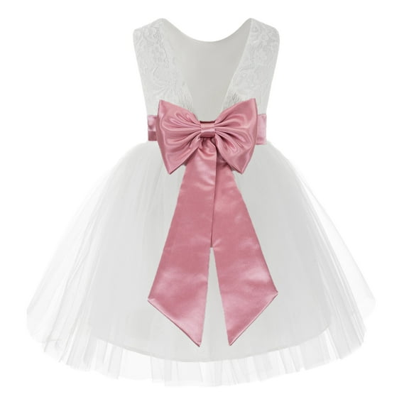 Ekidsbridal Girl Baptism Flower Girl Dress - Knee Length White Lace V-Back Dress with Tiebow 206T-A (Size: S-10)