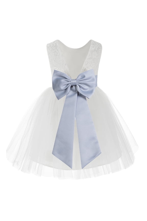 Girl Baptism Flower Girl Dress - Knee Length White Lace V-Back Dress with Tiebow 206T-A (Size: S-10)