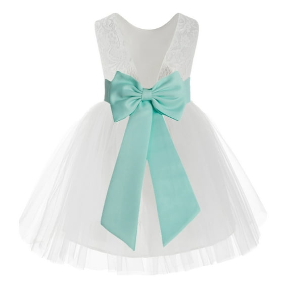 Ekidsbridal Girl Baptism Flower Girl Dress - Knee Length White Lace V-Back Dress with Tiebow 206T-A (Size: S-10)