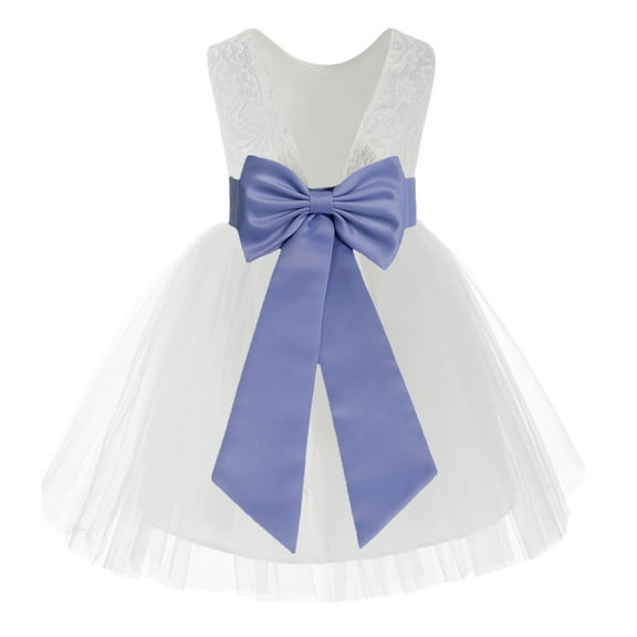 Ekidsbridal Girl Baptism Flower Girl Dress - Knee Length White Lace V-Back Dress with Tiebow 206T-A (Size: S-10)