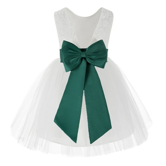 Ekidsbridal Girl Baptism Flower Girl Dress - Knee Length White Lace V-Back Dress with Tiebow 206T-A (Size: S-10)