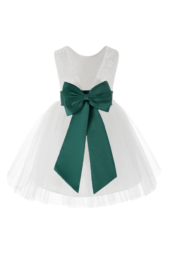 Girl Baptism Flower Girl Dress - Knee Length White Lace V-Back Dress with Tiebow 206T-A (Size: S-10)