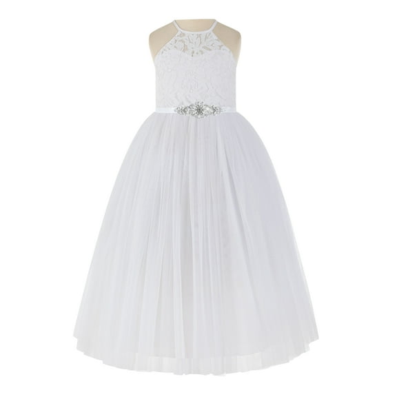Ekidsbridal Girl Birthday Flower Girl Dress - Lace Halter Tulle with Rhinestone Sash 213R5thin-A (Size: 2-10)