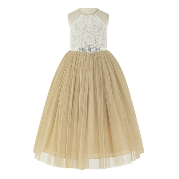Ekidsbridal Girl Birthday Flower Girl Dress - Lace Halter Tulle with Rhinestone Sash 213R5thin-A (Size: 2-10)