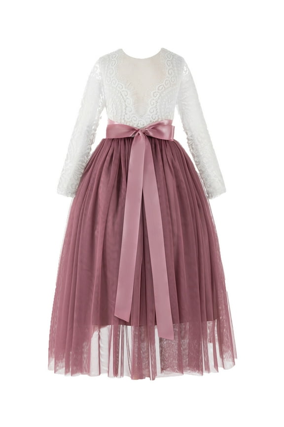 Girl Birthday Flower Girl Dress - Long Sleeve A-Line V-Back Lace Bohemian Lace 290R-A (Size: M-10)