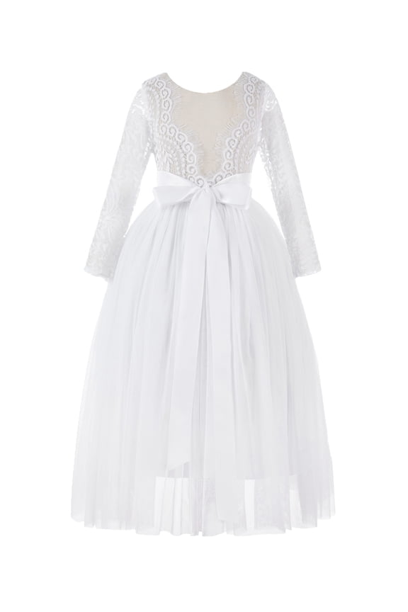 Girl Birthday Flower Girl Dress - Long Sleeve A-Line V-Back Lace Bohemian Lace 290R-A (Size: M-10)