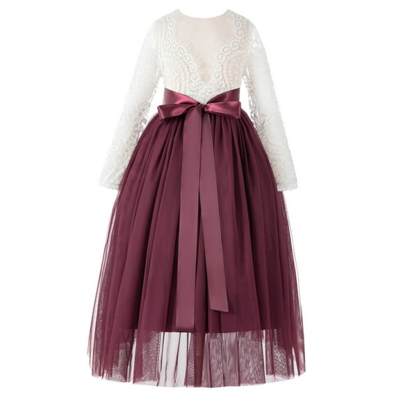 Ekidsbridal Girl Birthday Flower Girl Dress - Long Sleeve A-Line V-Back Lace Bohemian Lace 290R-A (Size: M-10)