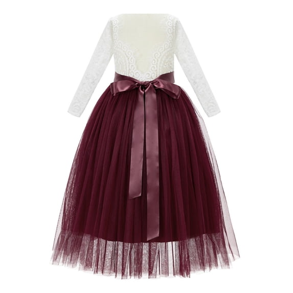 Ekidsbridal Girl Birthday Flower Girl Dress - Long Sleeve A-Line V-Back Lace Bohemian Lace 290R-A (Size: M-10)