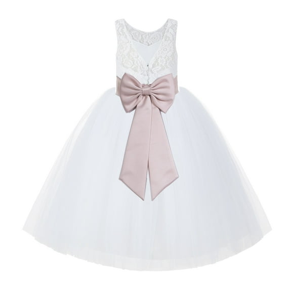Ekidsbridal Girl Bridal Flower Girl Dress - V-Back White Lace Tutu with Tiebow 212noFT-A (Size: 2-10)