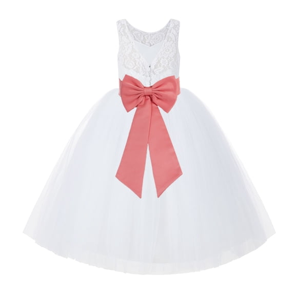 Ekidsbridal Girl Bridal Flower Girl Dress - V-Back White Lace Tutu with Tiebow 212noFT-A (Size: 2-10)
