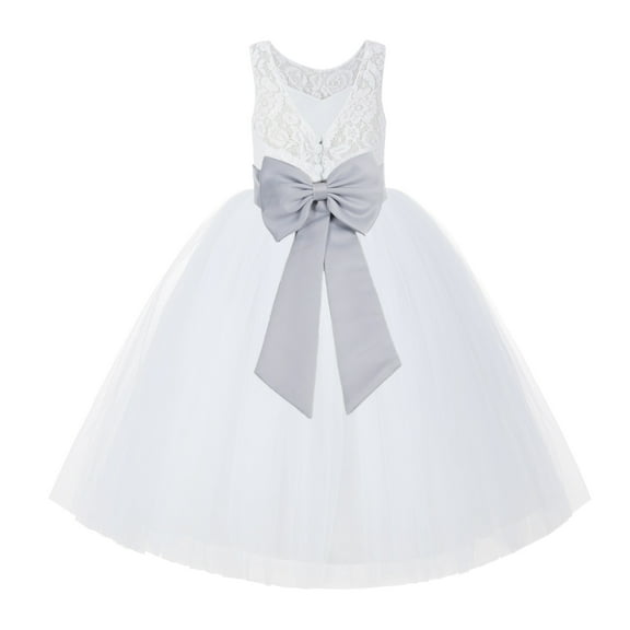 Ekidsbridal Girl Bridal Flower Girl Dress - V-Back White Lace Tutu with Tiebow 212noFT-A (Size: 2-10)