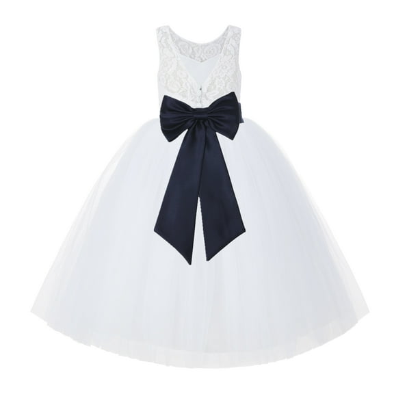 Ekidsbridal Girl Bridal Flower Girl Dress - V-Back White Lace Tutu with Tiebow 212noFT-A (Size: 2-10)