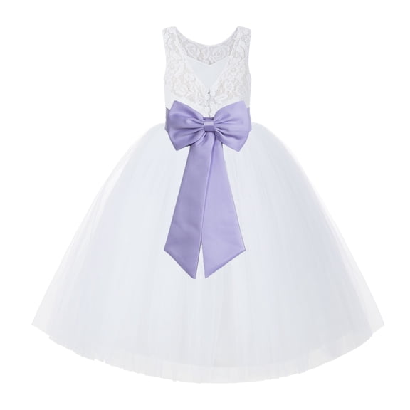 Ekidsbridal Girl Bridal Flower Girl Dress - V-Back White Lace Tutu with Tiebow 212noFT-A (Size: 2-10)