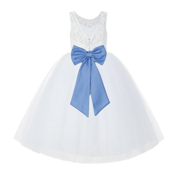 Ekidsbridal Girl Bridal Flower Girl Dress - V-Back White Lace Tutu with Tiebow 212noFT-A (Size: 2-10)