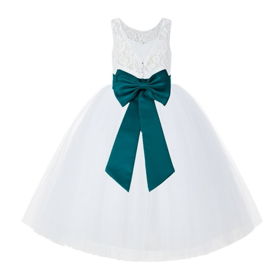 Ekidsbridal Girl Bridal Flower Girl Dress - V-Back White Lace Tutu with Tiebow 212noFT-A (Size: 2-10)
