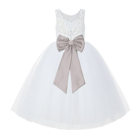 Ekidsbridal Girl Bridal Flower Girl Dress - V-Back White Lace Tutu with Tiebow 212noFT-A (Size: 2-10)