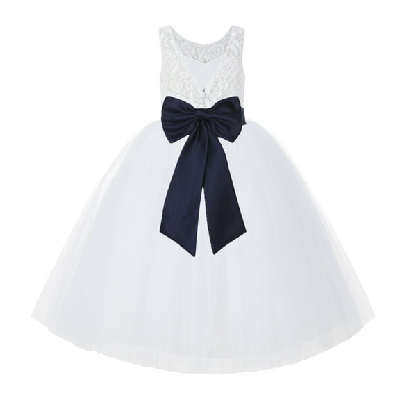 Ekidsbridal Girl Bridal Flower Girl Dress - V-Back White Lace Tutu with Tiebow 212noFT-A (Size: 2-10)