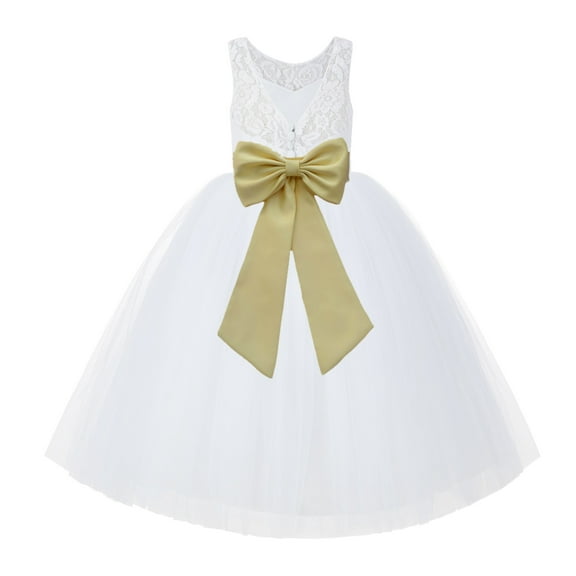 Ekidsbridal Girl Bridal Flower Girl Dress - V-Back White Lace Tutu with Tiebow 212noFT-A (Size: 2-10)