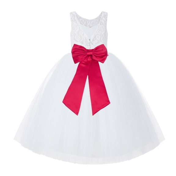 Ekidsbridal Girl Bridal Flower Girl Dress - V-Back White Lace Tutu with Tiebow 212noFT-A (Size: 2-10)
